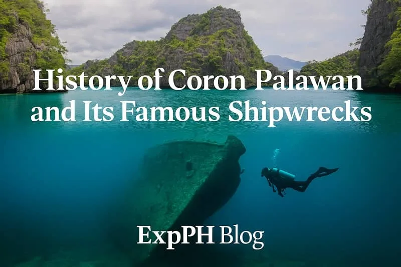 Diver exploring an old shipwreck beneath clear blue water surrounded by limestone cliffs in Coron Palawan.