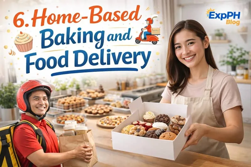 Filipina home baker preparing baked goods for food delivery with a delivery rider waiting to pick up the order