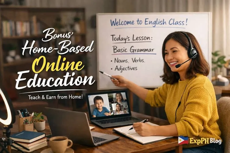 Filipina online teacher conducting a home-based virtual class using a laptop and whiteboard, representing online education as a small business idea in the Philippines.