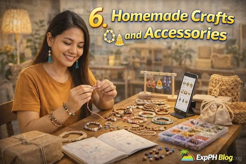Filipino woman making handmade bracelets and accessories at home with beads, tools, and phone showing online shop with text “6. Homemade Crafts and Accessories”