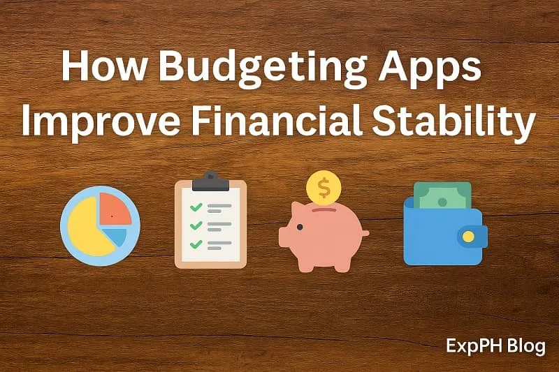 A realistic wooden background with icons of a pie chart, checklist, piggy bank, and wallet, along with the ExpPH Blog logo and the title How Budgeting Apps Improve Financial Stability.