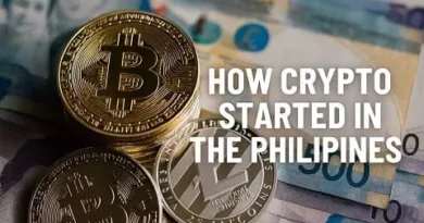 Realistic photo of cryptocurrency coins like Bitcoin and Litecoin placed on Philippine peso banknotes, illustrating how crypto started in the Philippines, with the ExpPH Blog logo in the corner.