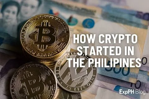 Realistic photo of cryptocurrency coins like Bitcoin and Litecoin placed on Philippine peso banknotes, illustrating how crypto started in the Philippines, with the ExpPH Blog logo in the corner.