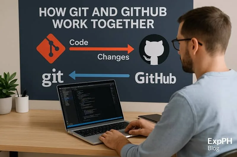 Man using a laptop while looking at a Git and GitHub workflow diagram with ExpPH Blog branding.
