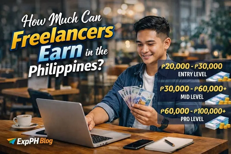Filipino freelancer working on a laptop with income charts and pesos on screen representing how much freelancers can earn in the Philippines with ExpPH Blog logo
