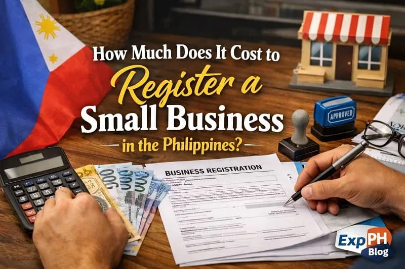 Filipino entrepreneur calculating costs and filling out business registration documents with Philippine flag, money, and calculator on a desk