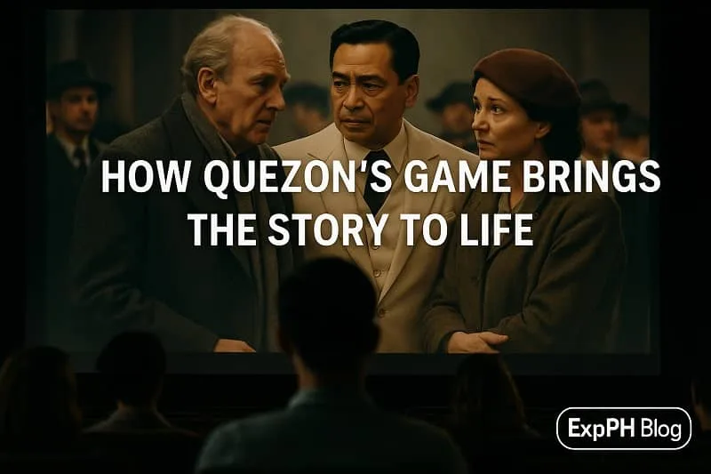 A realistic movie theater scene showing viewers watching a dramatic moment from Quezon’s Game, featuring actors portraying historical figures as they discuss the rescue mission, with the ExpPH Blog logo in the corner.