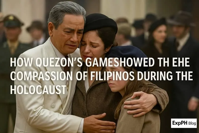 A realistic scene showing a Filipino man comforting a Jewish mother and her child during the Holocaust, symbolizing the compassion portrayed in Quezon’s Game, with an ExpPH Blog logo in the corner.