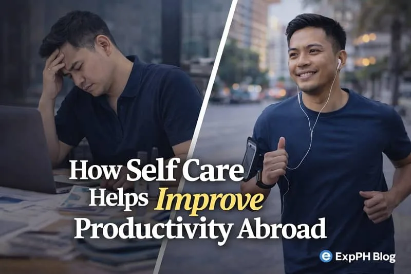 Filipino OFW stressed at work contrasted with jogging confidently outdoors, showing how self care improves productivity abroad