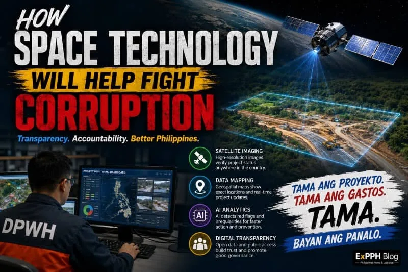 Realistic image of Filipino government engineers and analysts using satellite technology and digital maps to monitor infrastructure projects in the Philippines, symbolizing the fight against corruption with the ExpPH Blog logo.