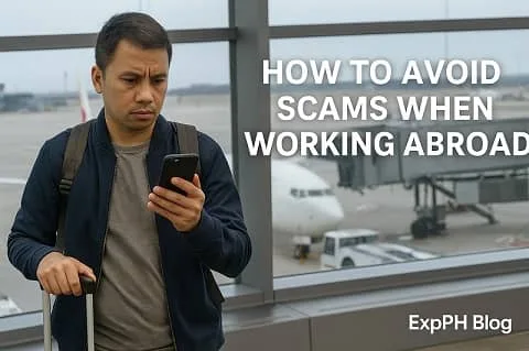 Filipino traveler checking his phone at an airport while preparing to work abroad with ExpPH Blog logo.