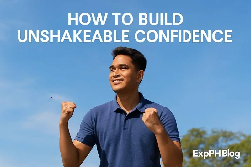 Confident Filipino man raising his fists with a smile under a clear blue sky, symbolizing strength and self belief.