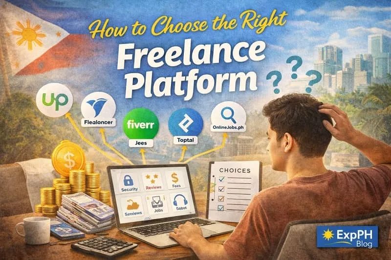 Filipino freelancer choosing the right freelance platform using a laptop with icons representing online job platforms and decision making