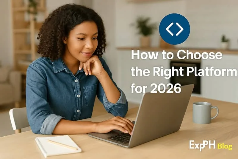 A realistic workspace scene showing a woman using a laptop while analyzing platform options, with the text How to Choose the Right Platform for 2026 displayed on screen and the ExpPH Blog logo included in the bottom corner.