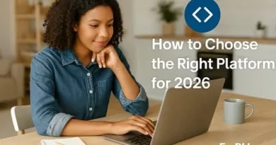 A realistic workspace scene showing a woman using a laptop while analyzing platform options, with the text How to Choose the Right Platform for 2026 displayed on screen and the ExpPH Blog logo included in the bottom corner.