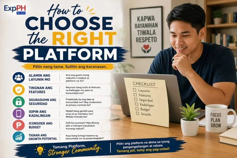 A Filipino young professional using a laptop while reviewing a checklist on choosing the right platform, with visual elements highlighting goals, features, security, usability, budget, and growth.
