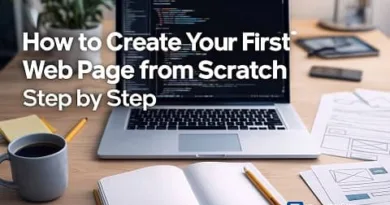 Workspace with laptop showing HTML code for creating your first web page