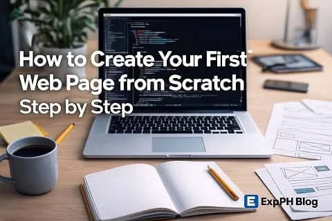 Workspace with laptop showing HTML code for creating your first web page