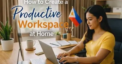 Filipino woman working at a clean and organized home workspace with laptop, desk accessories, and natural light for productivity