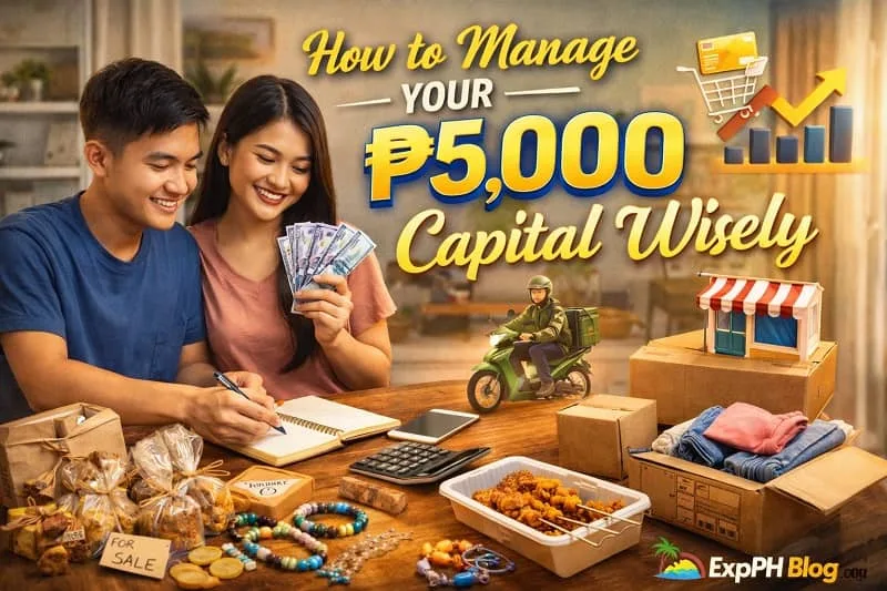 Filipino budgeting concept showing a person planning expenses with ₱5,000 cash, laptop, calculator, and small business items with text “How to Manage Your ₱5,000 Capital Wisely”