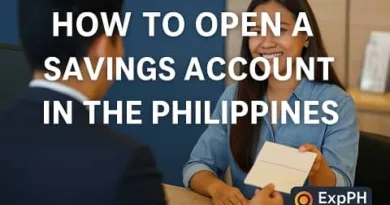 Filipina customer opening a savings account at a bank in the Philippines with the ExpPH Blog logo.