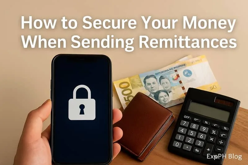 Hand holding a phone with lock icon beside Philippine money wallet and calculator