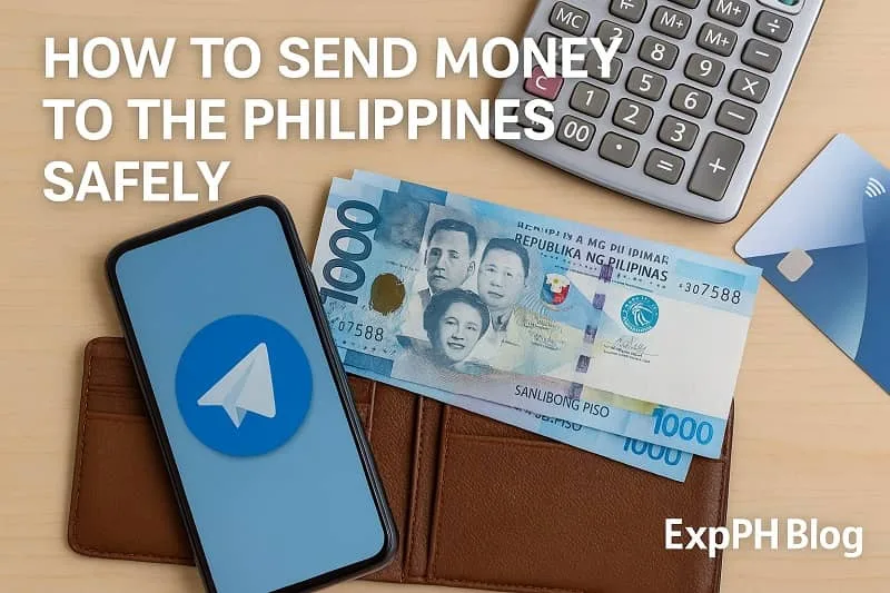 Smartphone, Philippine money, and wallet showing a safe money transfer setup