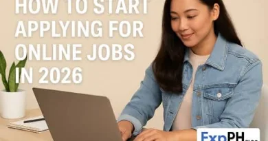 Filipina using a laptop while learning how to start applying for online jobs in 2026 with the ExpPH Blog logo.