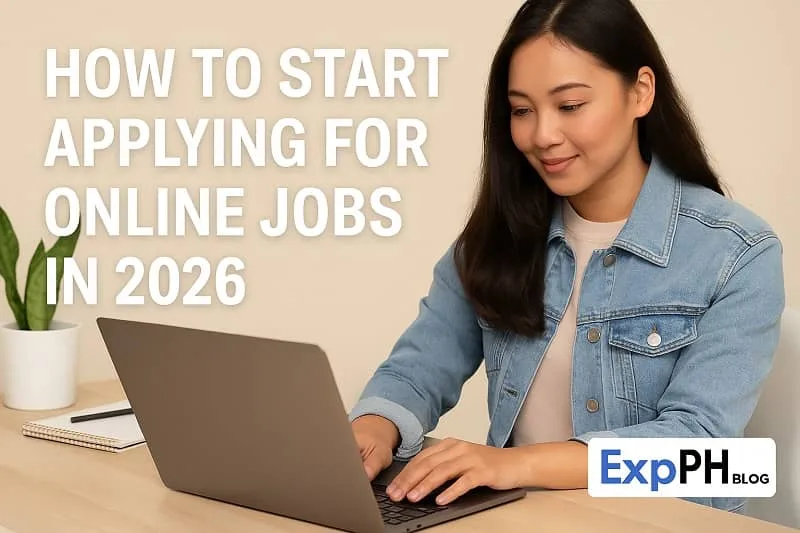 Filipina using a laptop while learning how to start applying for online jobs in 2026 with the ExpPH Blog logo.