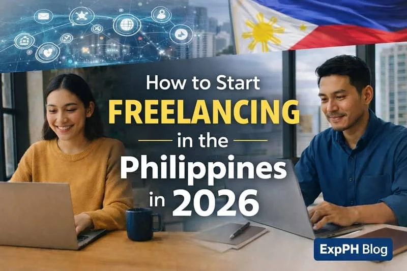 Filipino freelancers working on laptops with Philippine flag and digital icons, representing how to start freelancing in the Philippines in 2026
