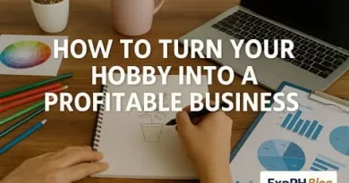 Workspace showing creative tools, sketching, and laptop representing the process of turning a hobby into a profitable business with ExpPH Blog logo.