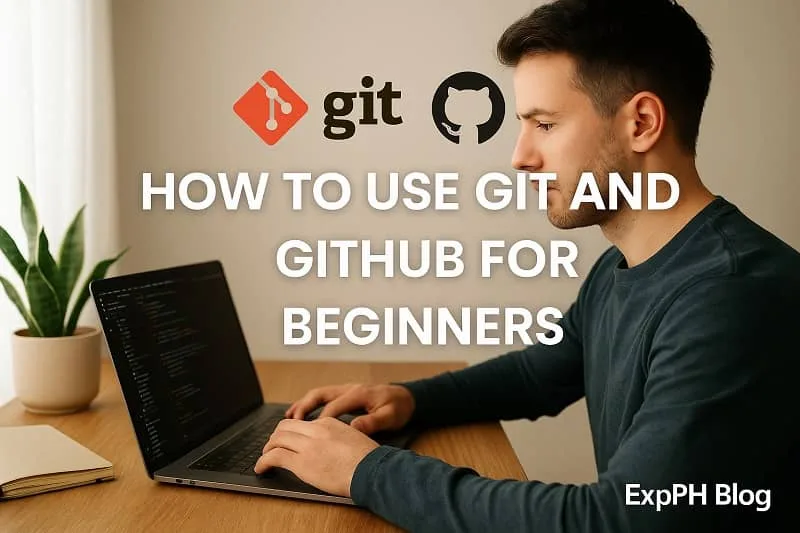 Man using a laptop with a code editor open, Git and GitHub logos displayed, and ExpPH Blog branding included.