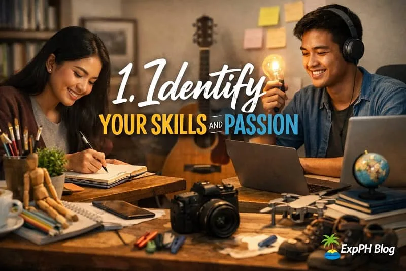 Filipino man and woman working at home identifying skills and passion with notebook, laptop, and creative tools, with motivational text and ExpPH Blog logo