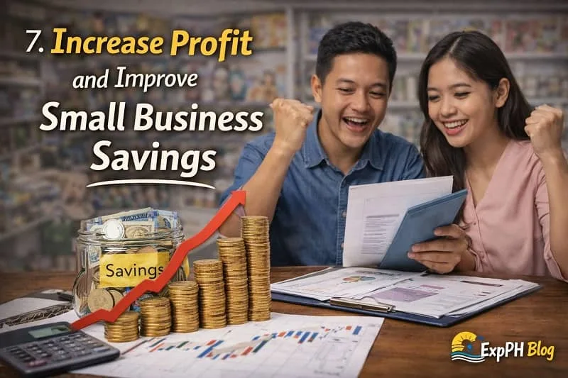 Filipino small business owners celebrating increased profit with savings jar, coins, and financial documents