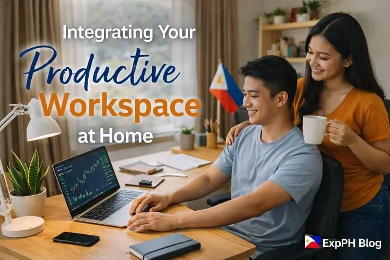 Filipino couple working and relaxing together in a home workspace that blends productivity with daily lifestyle