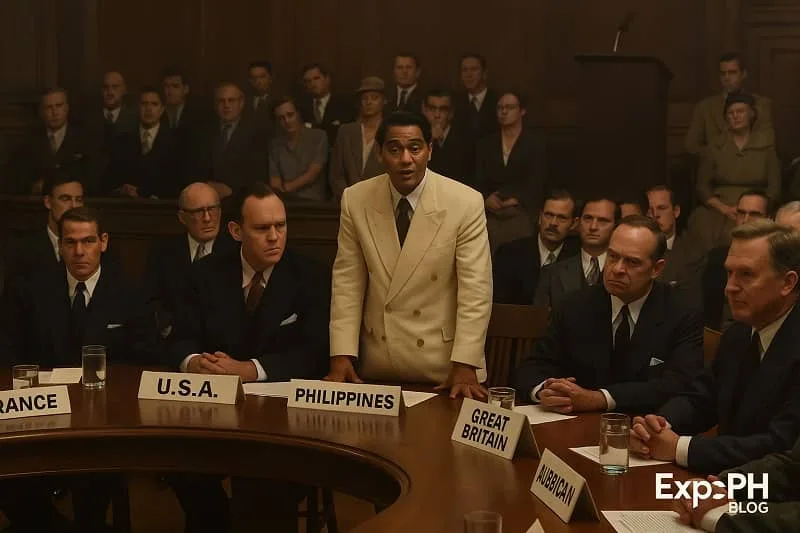 A realistic historic conference scene showing a Filipino delegate speaking at an international meeting on the Philippine rescue plan, surrounded by representatives from the USA, France, and Great Britain, with the ExpPH Blog logo in the corner.
