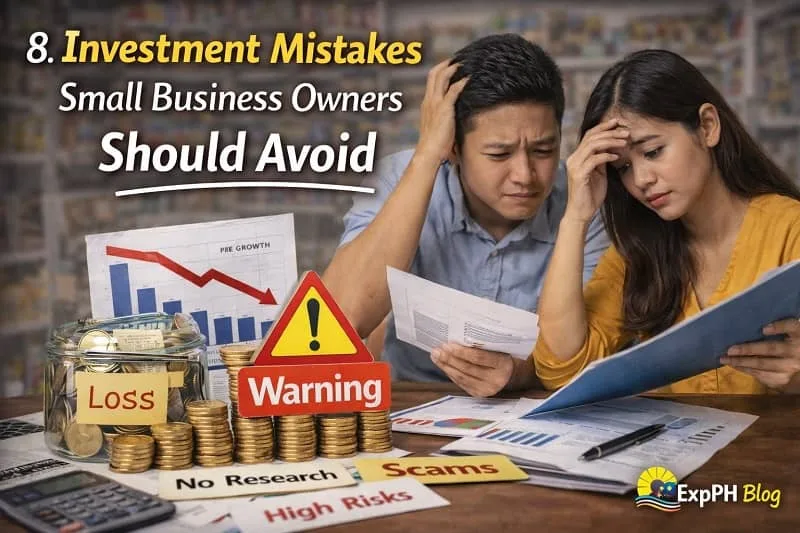 Filipino couple stressed about investment losses with warning signs, coins, and financial documents on table
