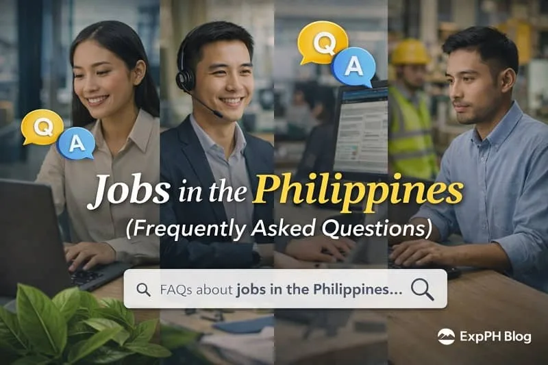 Filipino professionals discussing jobs in the Philippines with FAQ icons and ExpPH Blog logo