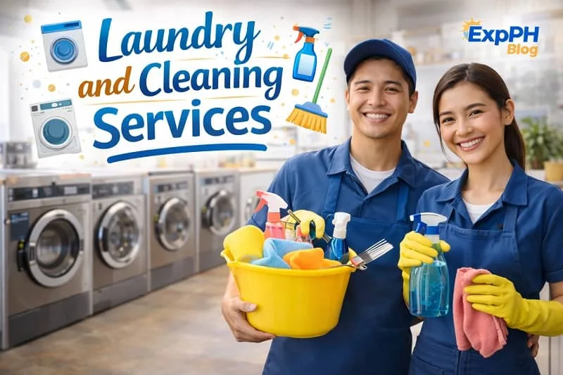 Filipino laundry and cleaning service workers holding cleaning supplies inside a modern laundromat