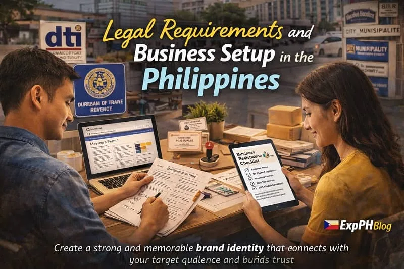 Filipino entrepreneurs reviewing business permits, DTI registration, BIR documents, and mayor’s permit for business setup with ExpPH Blog logo