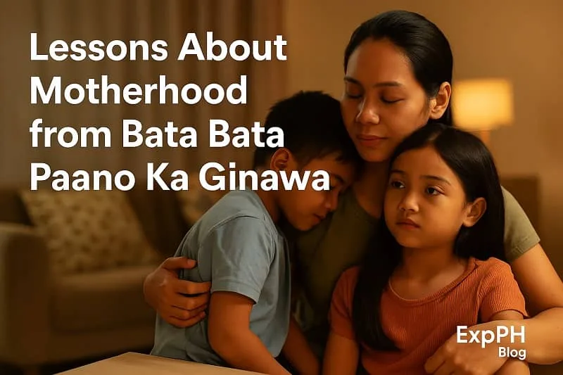 A realistic Filipino mother embracing her two children in a warm living room, symbolizing the lessons about motherhood shown in Bata Bata Paano Ka Ginawa.