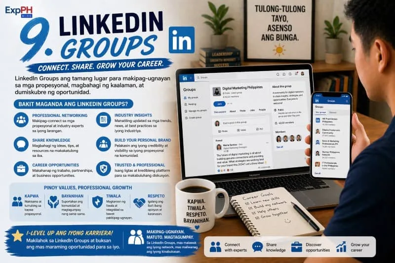 A Filipino professional using LinkedIn Groups on a laptop and smartphone, showing networking, discussions, and career opportunities in a professional setting.