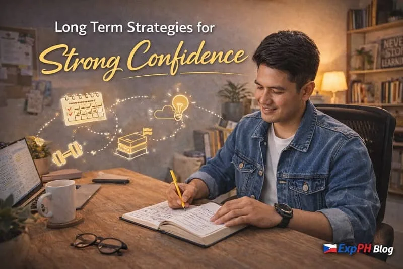 Filipino professional writing goals in a notebook at a desk with text Long Term Strategies for Strong Confidence and ExpPH Blog logo visible
