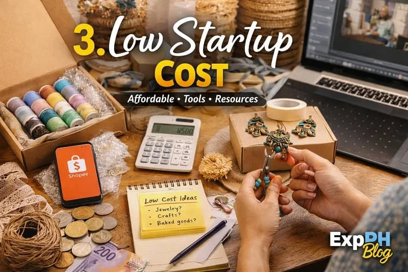 Filipino crafting small business setup with affordable tools showing low startup cost concept
