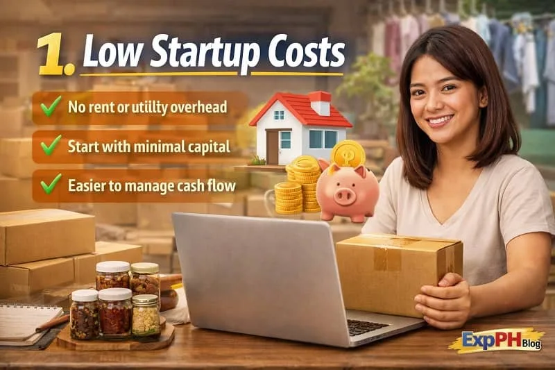 Filipina home-based entrepreneur managing small business with low startup costs using laptop and packaged products at home