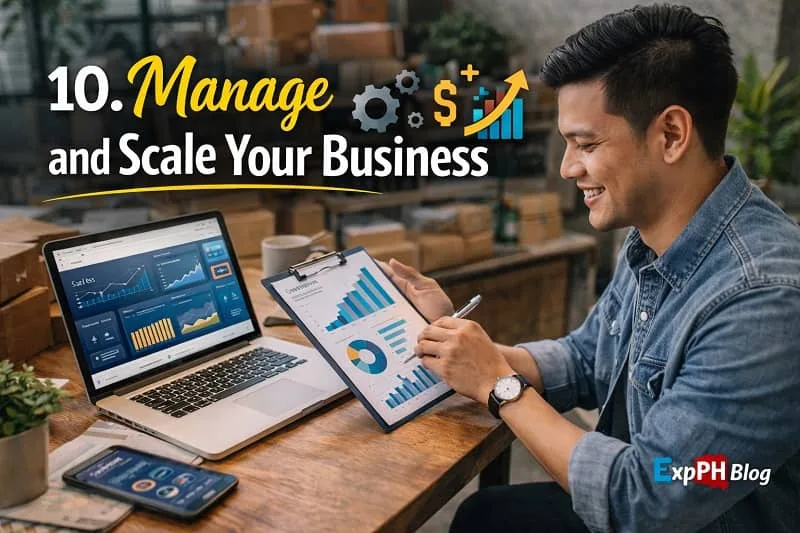 Filipino entrepreneur managing and scaling business using laptop charts data and clipboard in a home workspace with ExpPH Blog logo