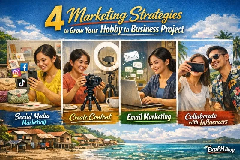 Filipino entrepreneur using social media, content creation, email marketing, and influencer collaboration to grow a hobby into a business with ExpPH Blog logo