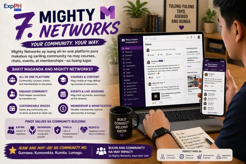 A Filipino entrepreneur managing a community platform on Mighty Networks using a laptop and smartphone, showcasing courses, groups, and member interaction.