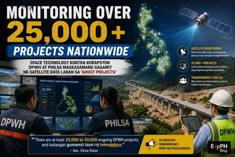 Realistic image of Filipino DPWH and PhilSA personnel using satellite monitoring systems and digital dashboards to track over 25,000 infrastructure projects across the Philippines with the ExpPH Blog logo.