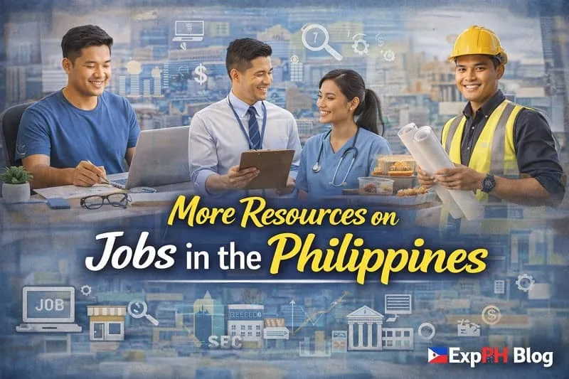 Filipino professionals including an office worker, nurse, freelancer, and construction worker representing job opportunities in the Philippines with ExpPH Blog logo.